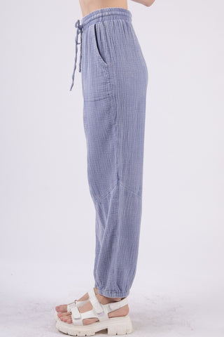 VERY J Washed Woven Crinkle Gauze Drawstring Cargo Pants Trendsi