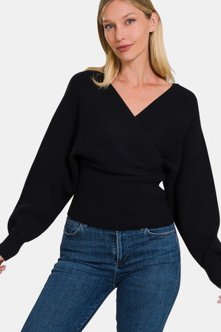 Zenana Cross Wrap Rib Long Sleeve Sweater Trendsi