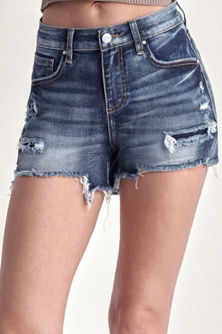 RISEN Mid Rise Raw Hem Denim Shorts Trendsi