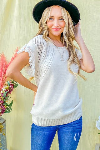 And The Why Openwork Shoulder Fringe Detailed Sweater Trendsi