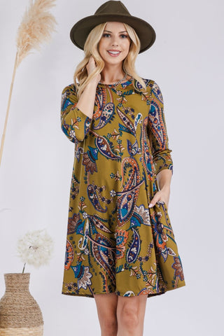 Celeste Full Size Paisley Print Round Neck Dress with Pockets Trendsi