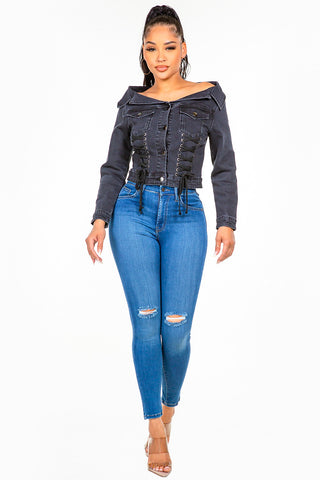 American Bazi Off Shoulder Lace Up Denim Jacket Trendsi