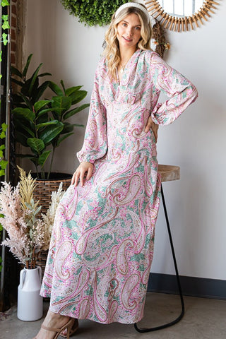 First Love Paisley Print Tie-Back Long Sleeve Maxi Dress Trendsi