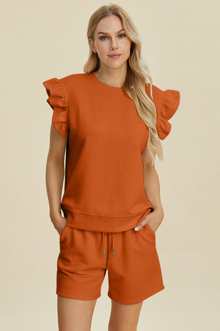 Double Take Full Size Texture Round Neck Ruffle Sleeve Top and Shorts Set Trendsi