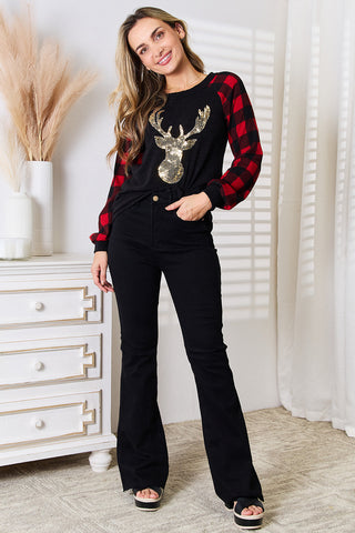 Heimish Full Size Sequin Reindeer Graphic Plaid Top Trendsi