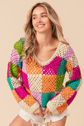 BiBi Multi Color Checkered Long Sleeve Knit Top Trendsi