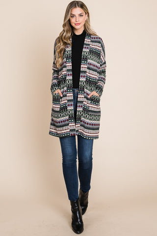 BOMBOM Geometric Open Front Long Sleeve Cardigan with Pockets Trendsi