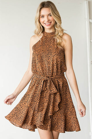 First Love Full Size Leopard Belted Sleeveless Dress Trendsi