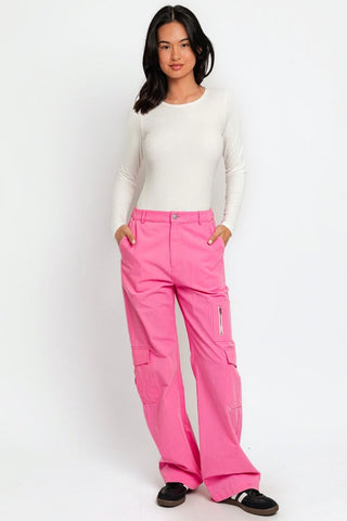 Le Lis High Waisted Wide Leg Cargo Pants with Pockets Trendsi