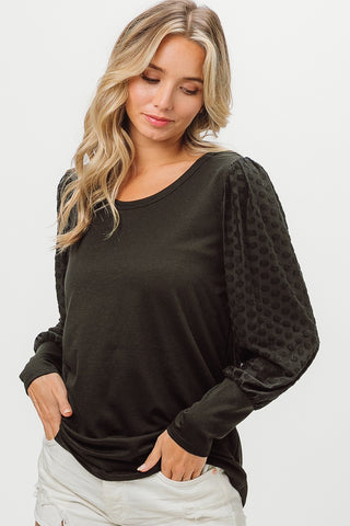 BiBi Round Neck Polka Dot Lantern Sleeve Top Trendsi