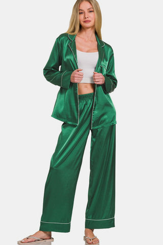 Zenana Satin Long Sleeve Shirt and Pants Pajama Set Trendsi