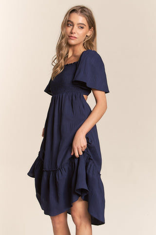 J.NNA Smocked Bow Back Ruffle Hem Dress Trendsi