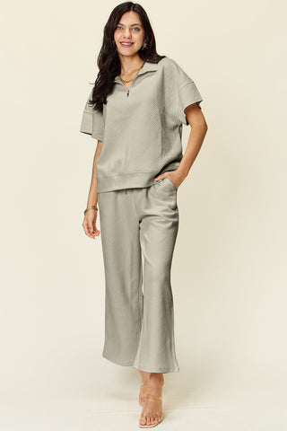 Double Take Full Size Texture Half Zip Short Sleeve Top and Pants Set Trendsi