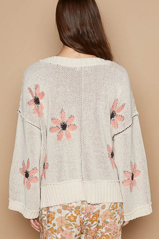 POL V-Neck Floral Pattern Chenille Sweater Trendsi