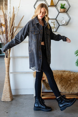 Veveret Button Up Distressed Frayed Hem Denim Jacket Trendsi