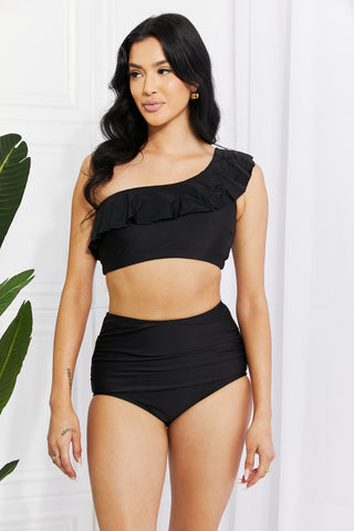 Marina West Swim Seaside Romance Ruffle One-Shoulder Bikini in Black Trendsi