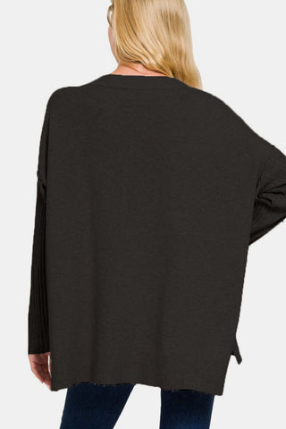 Zenana V-Neck Side Slit High-Low Sweater Trendsi