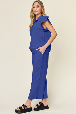 Double Take Texture Ruffle Short Sleeve Top and Drawstring Wide Leg Pants Set Trendsi