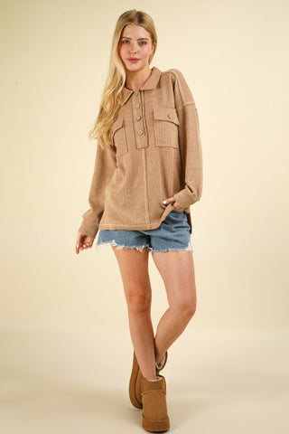 VERY J Collared Half Button Knit Top with Pockets Trendsi