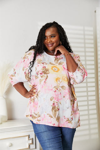 Double Take Floral Round Neck Three-Quarter Sleeve Top Trendsi