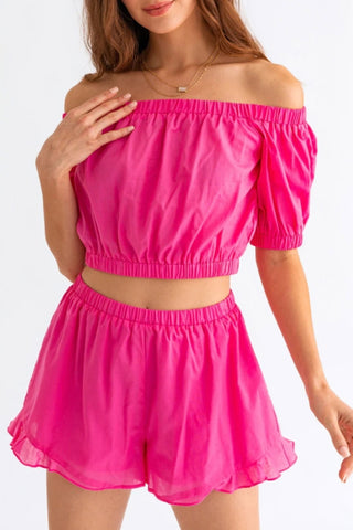 Le Lis Off Shoulder Crop Top and Ruffled Shorts Set Trendsi