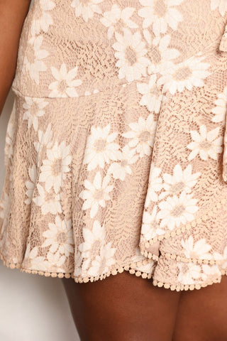 Double Take Floral Lace Pompom Detail Tie-Waist Flutter Sleeve Dress Trendsi