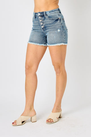 Judy Blue Full Size Button Fly Raw Hem Denim Shorts Trendsi