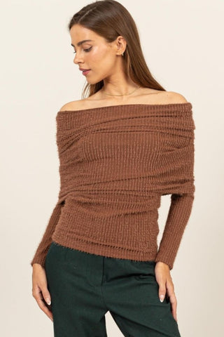 HYFVE Fuzzy Off Shoulder Textured Knit Top Trendsi