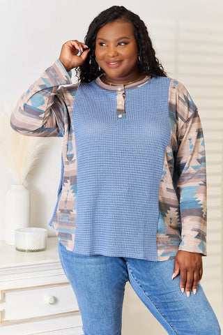 Sew In Love Full Size Waffle Knit Tribal Print Top Trendsi