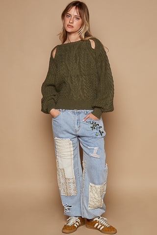 POL Cable Knit Cutout Long Sleeve Sweater Trendsi