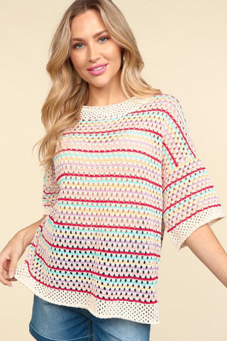 Haptics Striped Crochet Drop Shoulder Knit Top Trendsi