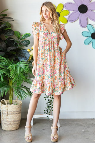 Heimish Full Size Floral Ruffled V-Neck Dress Trendsi