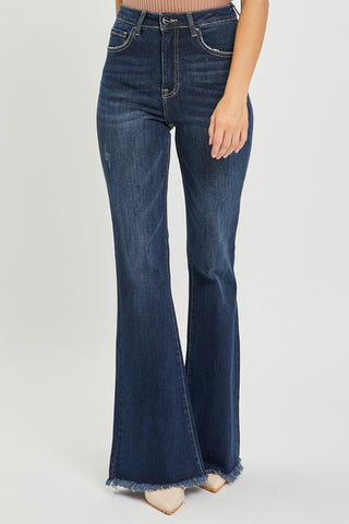 RISEN High Waist Raw Hem Flare Jeans Trendsi