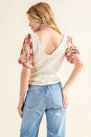 And The Why Full Size Floral Print Textured Sleeve Knit Top Trendsi