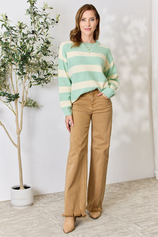 Sew In Love Full Size Contrast Striped Round Neck Sweater Trendsi