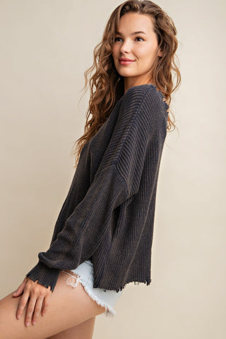 Kori America Distressed V-Neck Sweater Trendsi