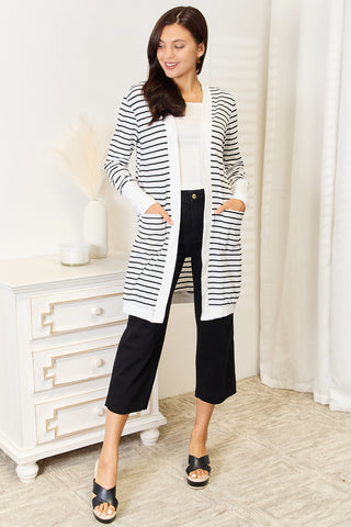 Double Take Striped Open Front Longline Cardigan Trendsi