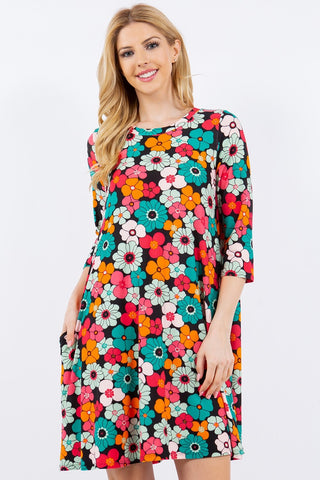 Celeste Full Size Floral Three-Quarter Sleeve Dress with Pockets Trendsi