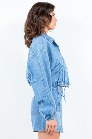 American Bazi Drawstring Waist Crop Denim Jacket Trendsi