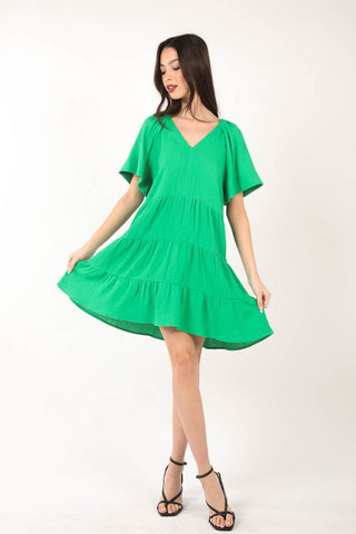 VERY J Texture V-Neck Ruffled Tiered Dress Trendsi