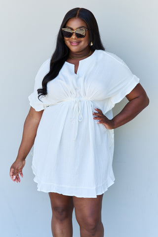 Ninexis Out Of Time Full Size Ruffle Hem Dress with Drawstring Waistband in White Trendsi