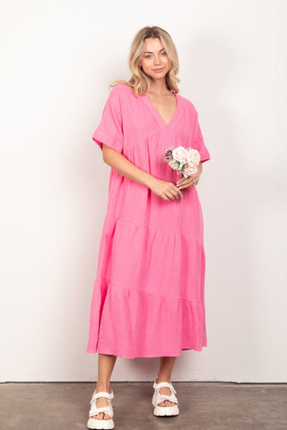 VERY J Soft Crinkle Gauze Short Sleeve Midi Dress Trendsi