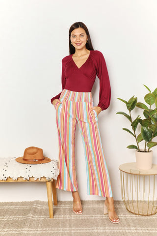 Double Take Striped Smocked Waist Pants with Pockets Trendsi