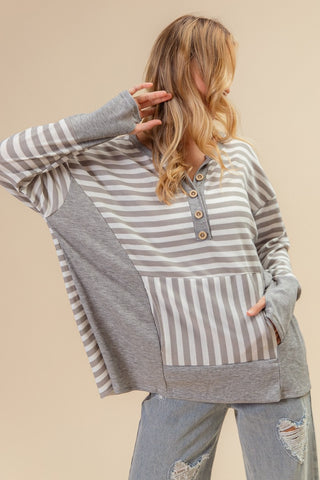 BiBi Striped Thumbhole Long Sleeve Top Trendsi