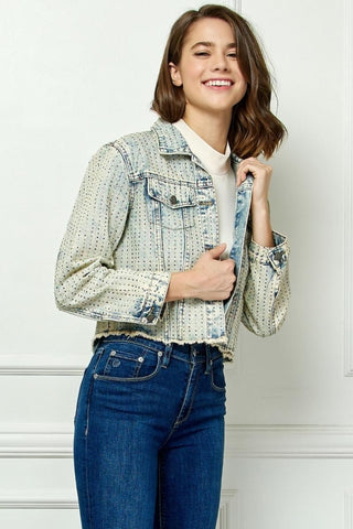 Veveret Multi Color Stripe Rhinestone Raw Hem Denim Jacket Trendsi