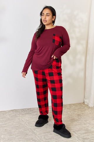 Zenana Full Size Plaid Round Neck Top and Pants Pajama Set Trendsi