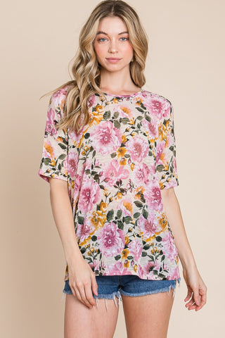 BOMBOM Floral Round Neck T-Shirt Trendsi