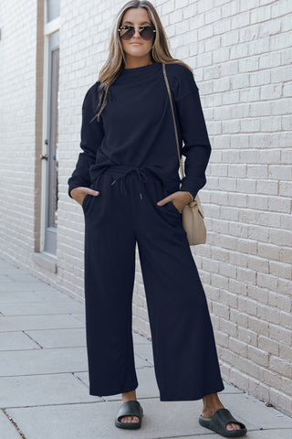 Double Take Full Size Textured Long Sleeve Top and Drawstring Pants Set Trendsi