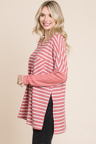 Culture Code Oversize Striped Round Neck Long Sleeve Slit T-Shirt Trendsi