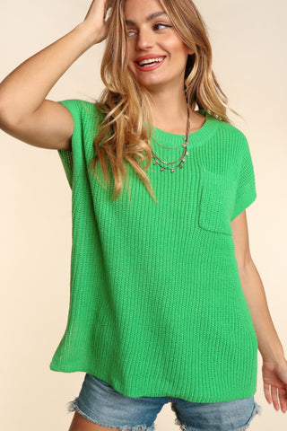 Haptics Pocketed Round Neck Cap Sleeve Knit Top Trendsi